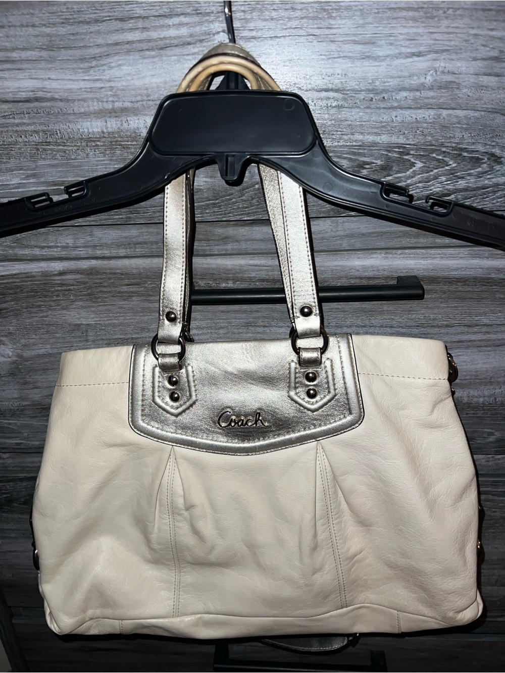 Coach Cream Leather Tote with Metallic Silver Accents
